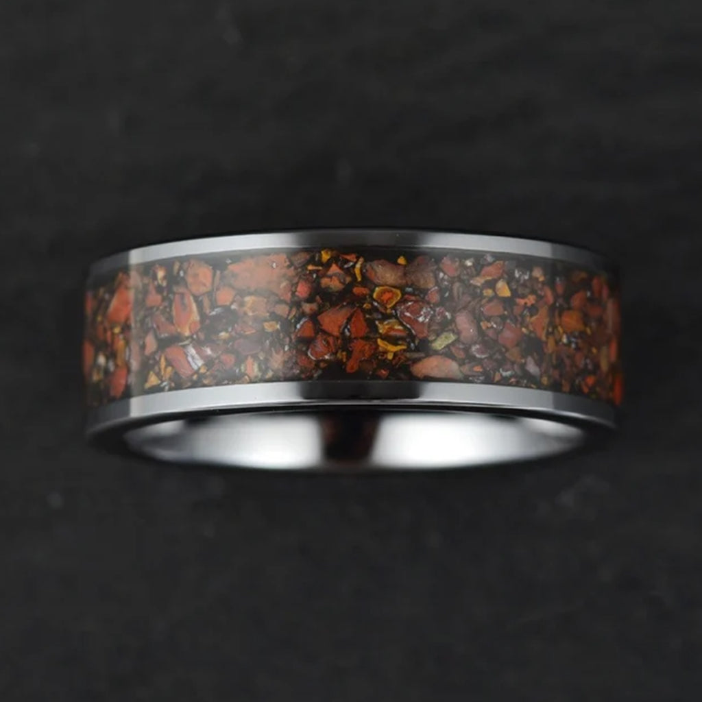 Tungsten ring with T-Rex fossil inlay, THE JURASSIC design