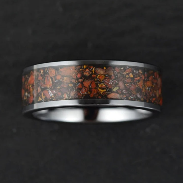 Tungsten ring with T-Rex fossil inlay, THE JURASSIC design