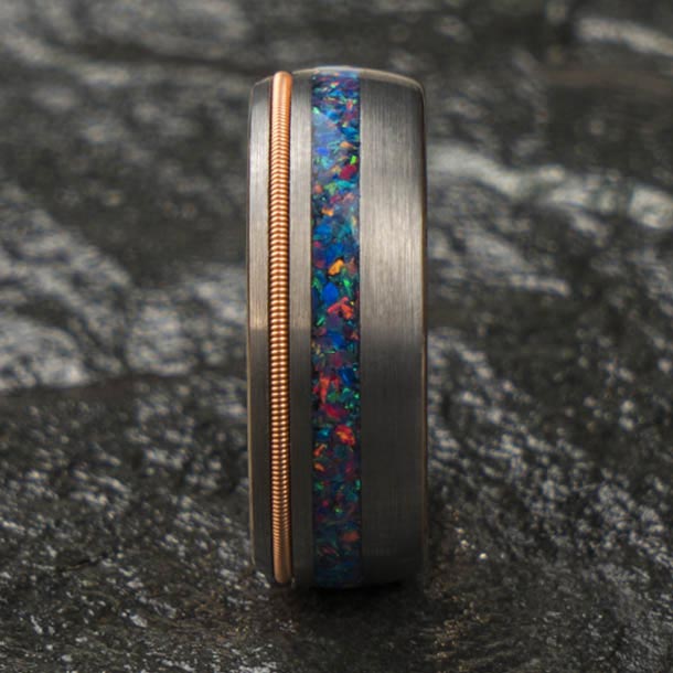 Tungsten ring with opal and guitar string inlay, unique wedding band