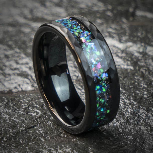 Black tungsten wedding ring with starry sky opal inlay