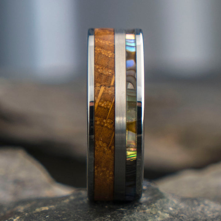 Tungsten ring with whiskey barrel and abalone inlay for beach wedding
