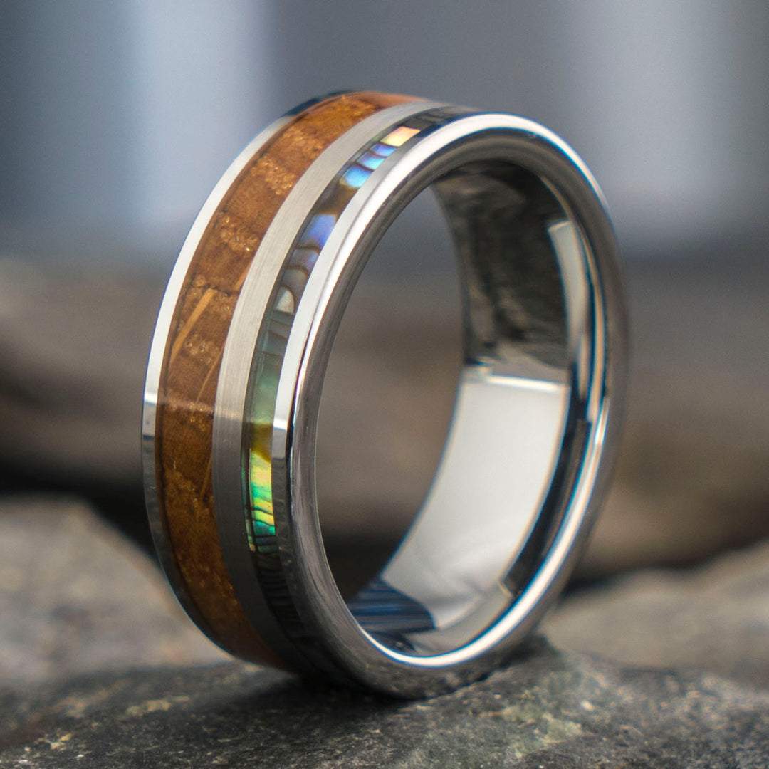 Silver tungsten ring with whiskey barrel wood and abalone inlay