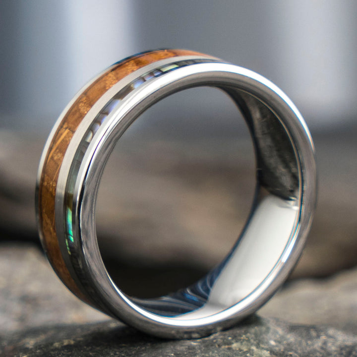 THE MERCURY ring: silver tungsten band with wood and abalone inlay
