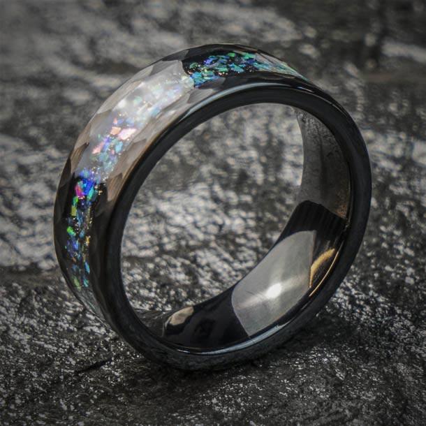 Black tungsten ring with blue opal inlay for men