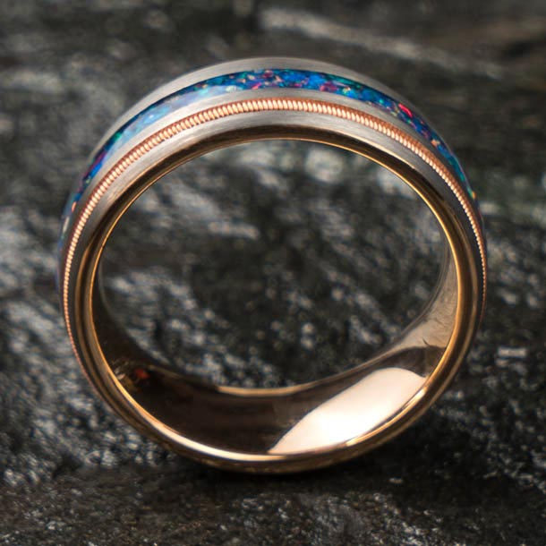 Men's tungsten ring with opal and guitar string inlay