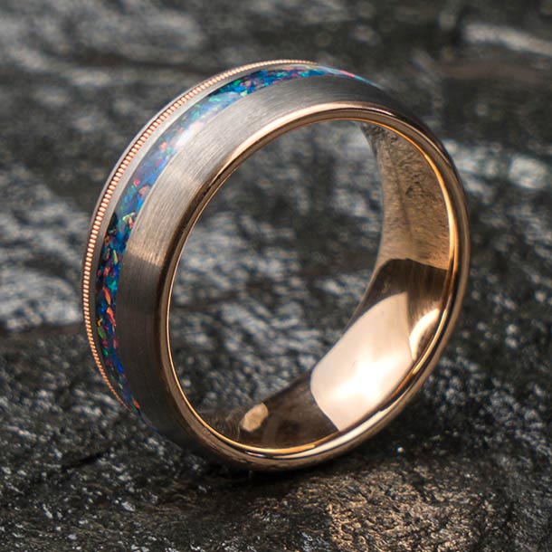 Tungsten ring with opal inlay, rose gold sleeve and brushed finish